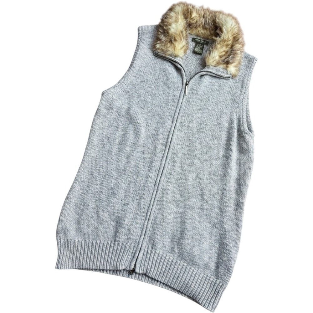 EDDIE BAUER women's wool angora‎ blend sweater vest faux fur neckline zipper M